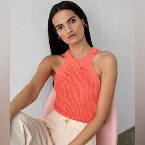 WHITE + WARREN Linen blend cut in crewneck tank in dark coral